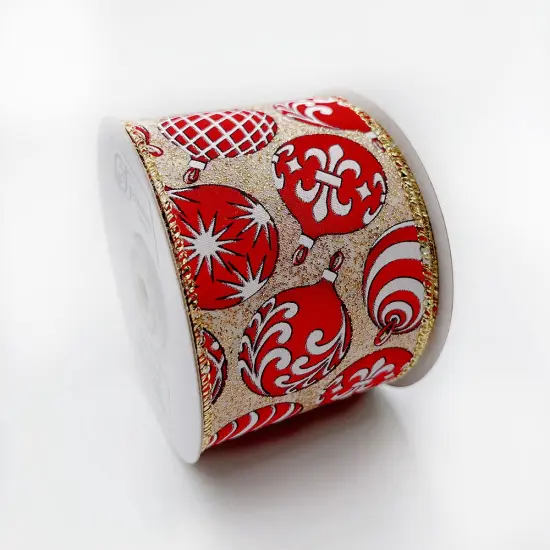 Designer&rsquo;s Shop WR 63-5182 Holiday Red/White Ornaments Wired edge ribbon 2.5&rdquo; x 10 yard {3}