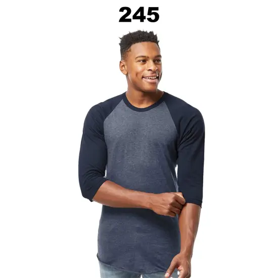 Tultex&reg; Fine Jersey Raglan Crewneck Three-Quarter Sleeve T-Shirt Hea Denim/Navy {4}