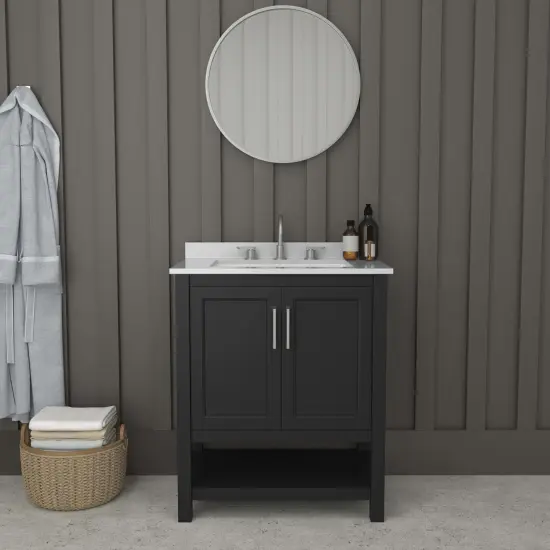 Merrick Lane Vigo Bathroom Vanity with Ceramic Sink, Carrara Marble Finish Countertop, Storage Cabinet with Soft Close Doors and Open Shelf {1}