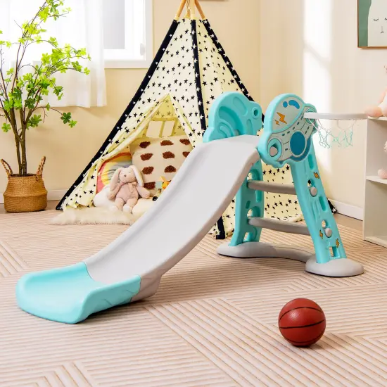 3-in-1 Folding Slide Playset With Basketball Hoop And Small Basketball Blue {2}