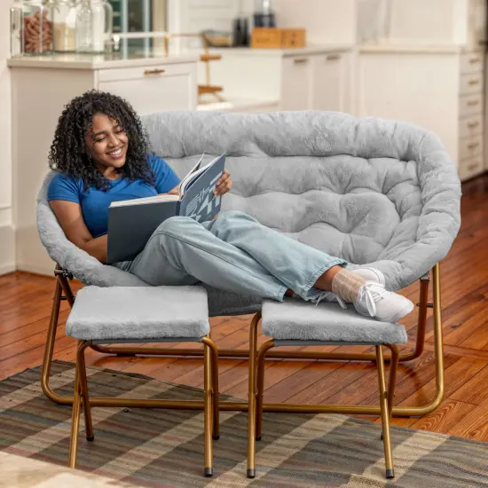 Emma and Oliver Janey Folding Double Saucer Chair with 2 Ottomans and Steel Frame for Dorm or Bedroom GrayFabric/SoftGold {6}