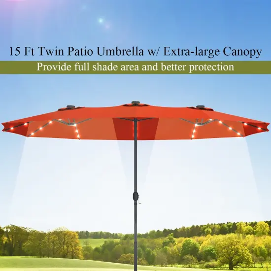15 Ft Patio Led Crank Solar Powered 36 LightsUmbrella Without Weight Base Orange {6}