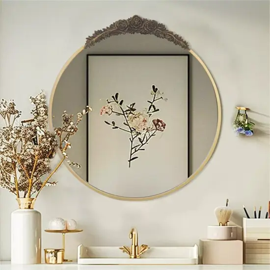 Wisfor Round Wall Mirror Antique Metal Frame with Rose Pattern Decorative Mirror {1}