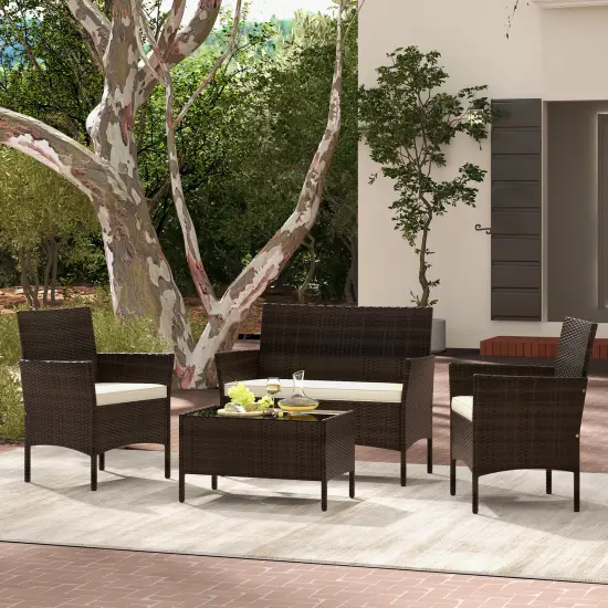 4 Piece Patio Rattan Conversation Set With Cozy Seat Cushions Beige {2}