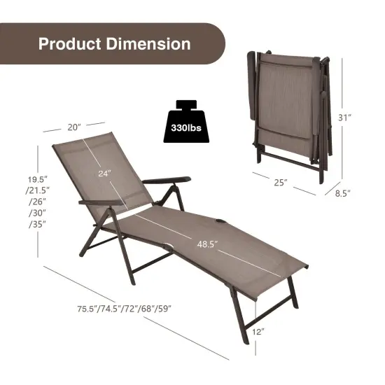 2 Pieces Foldable Chaise Lounge Chair With 2-position Footrest Brown {4}