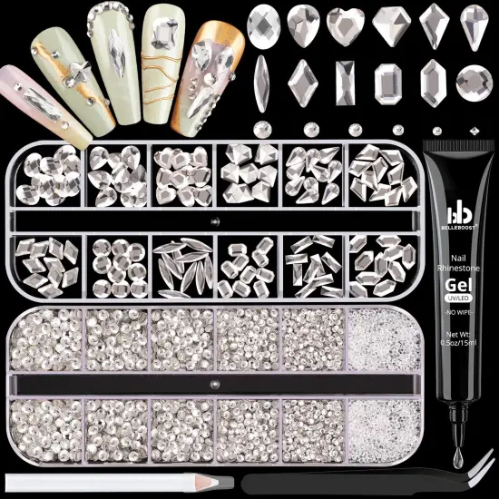 2630 Pieces Clear Glass Nail Rhinestones 120 Pieces Multi Shapes Flatback Gems Crystal + 2510Pcs 1.5-4mm Round Beads with Rhinestones Glue Gel, Manicure Diomand Jewelry Gemstones for Nail Design Makeup {2}