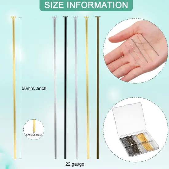 500 PCS Flat Head Pins for Jewelry Making 2 Inch Straight Head Pins Metal End Headpins DIY Head Pin Findings with Plastic Box for Craft Earring Bracelet Necklace Pendant Supplies (Mixed Colored) {1}