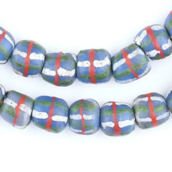 The Bead Chest Blue French Cross Krobo Beads 11mm Ghana African Round Glass Large Hole 28 Inch Strand Handmade {5}
