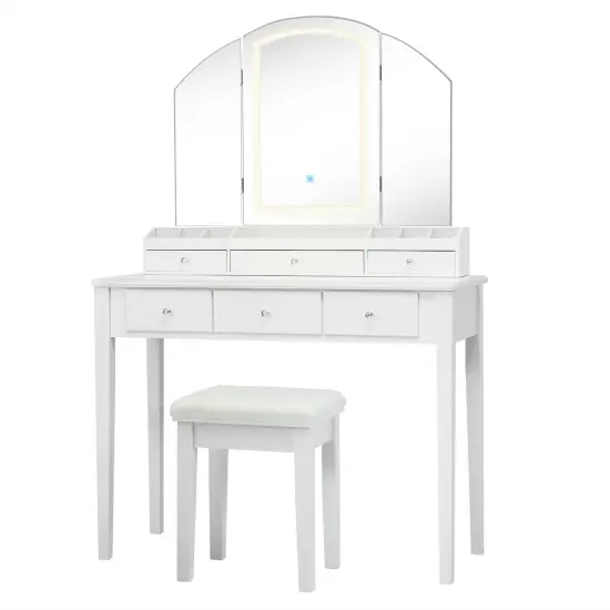 Vanity Table Stool Set with Large Tri-folding Lighted Mirror White {4}