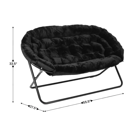 Emma and Oliver Janey Folding Double Saucer Chair with 2 Ottomans and Steel Frame for Dorm or Bedroom BlackFabric/Black {4}
