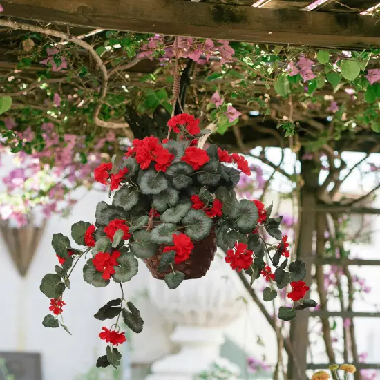 25" Hanging Red Geranium in Basket, Artificial Flower, Indoor & Outdoor Use, Front Door Wreath, Home & Office Decor, Floral Home by Artificial Flowers {3}