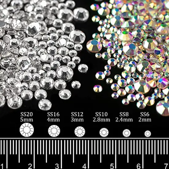 AB and Clear and Mixed Color Flatback Round Rhinestones Kit, Multi Size Glass Crystals Bead with Pickup Pencil and Tweezer for DIY Nail Art {3}