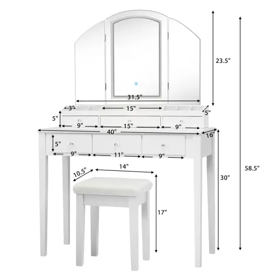 Vanity Table Stool Set with Large Tri-folding Lighted Mirror White {5}