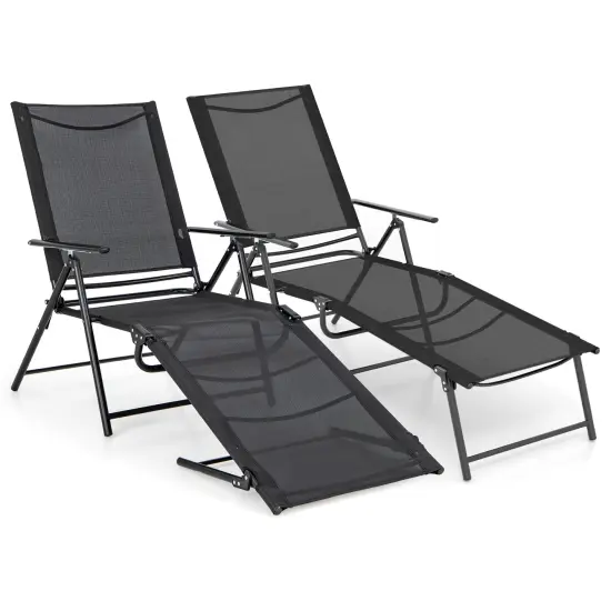 2 Piece Patio Folding Chaise Lounge Chairs Recliner With 6-level Backrest Black {4}