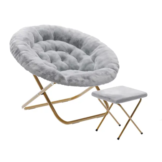 Emma and Oliver Ersa Oversize Folding Saucer Moon Chair and Ottoman for Dorm and Bedroom with Steel Frames GrayFabric/SoftGold {2}