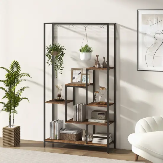 6-tier Tall Plant Stand 71" Metal Indoor Plant Shelf With 10 Hanging Hooks Rustic Brown {2}
