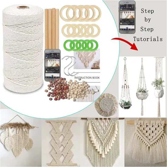 Macrame Kit, All in Macrame Supplies 109Yards X 3Mm Macrame Cord,Diy Macrame Kit for Adults Beginners, Macrame Beads with Wooden Rings and Wooden Sticks for Macrame Plant Hanger Kit 3Mm*109Yards Set {3}
