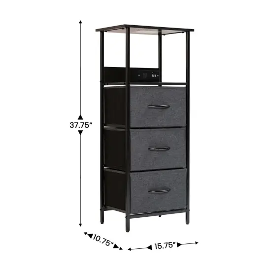 Emma and Oliver Hermes Nightstand with 3 Fabric Drawers, Charging Station with 2 USB Ports/Power Outlet, Engineered Wood Top, Wood Handles, Metal Frame Charcoal/Black {5}