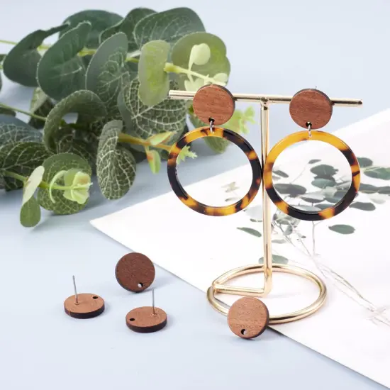 20 Pairs Walnut Wood Flat Round Shape Earring Findings 15mm Coconut Brown Dangle Stud Pendants with 304 Stainless Steel Pin for DIY Wooden Earrings Making {5}
