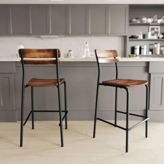 Emma and Oliver Blanchard Bar Stool with Metal Frame and Solid Wood Seat and Back with Antique Finish Antique White {9}
