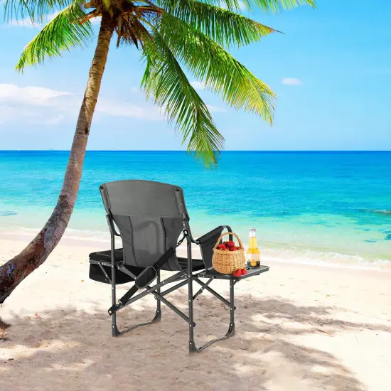 Folding Camping Directors Chair With Cooler Bag And Side Table Black {5}