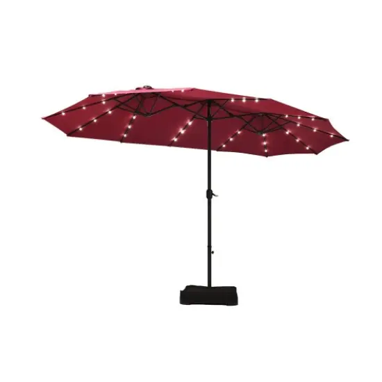 15 Ft Solar Led Patio Double-sided Umbrella Market Umbrella With Weight Base Red {3}