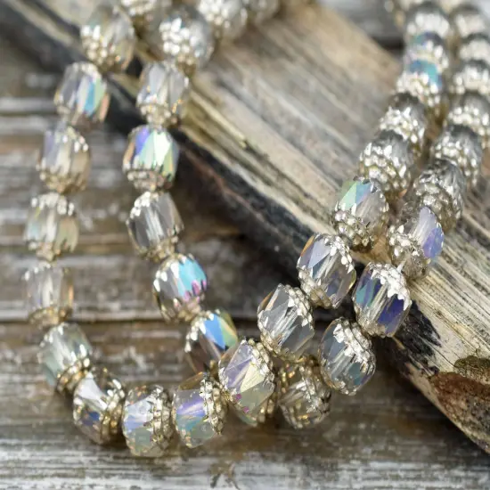 Silver Washed Smoke Apollo AB Fire Polished Cathedral Beads {5}