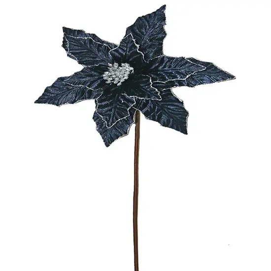 24" Dark Blue Glitter Edge Velvet Poinsettia Stem - Luxurious Christmas Floral Decoration {1}