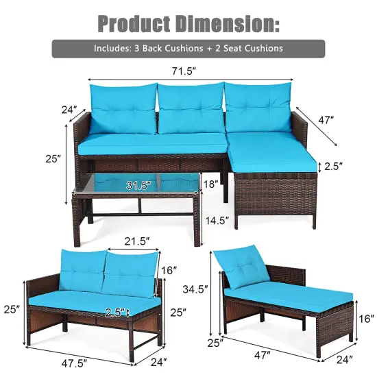 Costway 3PCS Patio Wicker Rattan Sofa Set Outdoor Sectional Conversation Set {6}