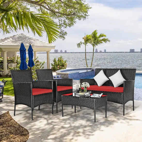 Costway 8PCS Patio Rattan Furniture Set Cushioned Sofa Coffee Table Backyard Turquoise/Red/Grey/White/Navy {2}