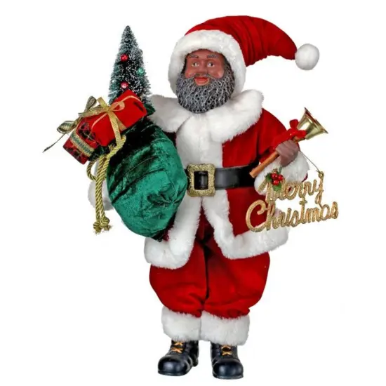 19" Velvet Resin Black Santa with Fur: Elegant Holiday Decoration with Luxurious Detailing {1}