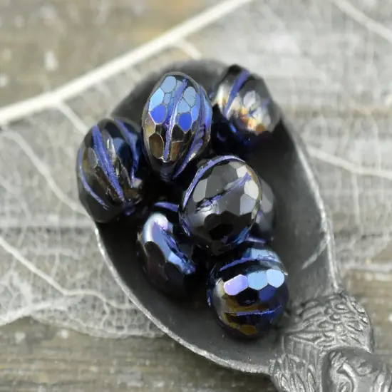 *12* 10mm Bronze Washed Jet Black Blue Marea Faceted Round Melon Beads {4}