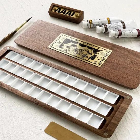 natural Walnut wood watercolor Artist Paint Palette, Sable wood, retro art, Acrylic Paint Palette, Wooden watercolor paint box {1}