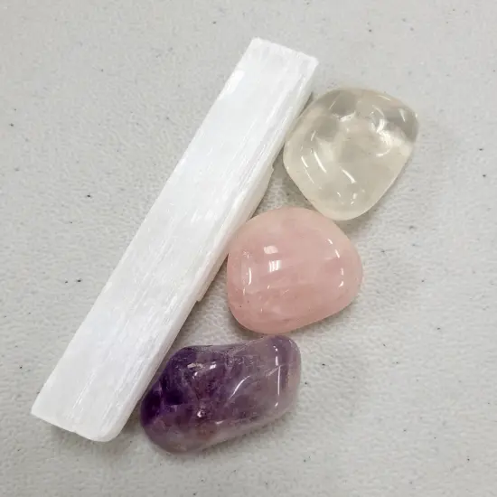Mini Crystal Kit - Amethyst, Rose Quartz, Clear Quartz with Selenite Charger Stick {3}