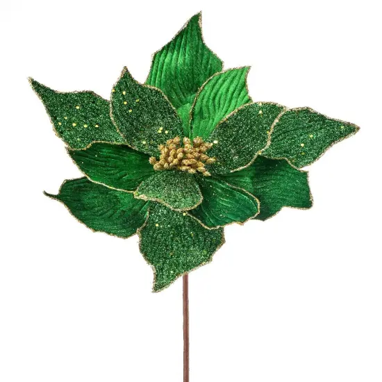 24" Green Velvet Poinsettia Flower with Beaded Accents &ndash; Christmas Flower Decoration {1}