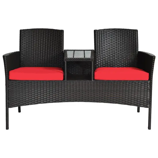 Costway Patio Rattan Conversation Set Loveseat Sofa Cushioned Coffee Table Turquois\Red {3}