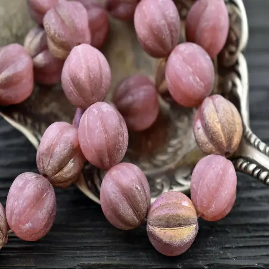Copper Washed Etched Dusty Rose Round Melon Beads {5}