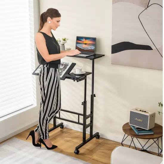 Costway Mobile Stand up Computer Desk Rolling Standing Laptop Cart with 2 Tilting Desktops Sitting Standing Modes Height Adjustable Home Office Black {3}