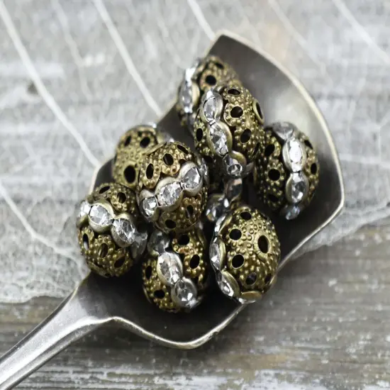 Antique Bronze Rhinestone Filigree Round Beads -- Choose Your Size {3}