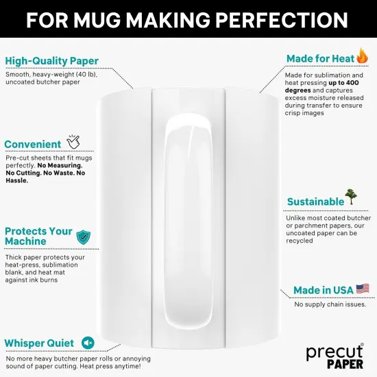 Precut Butcher Paper Sheets - Fits 15 oz Sublimation Mugs Perfectly (10 in x 4.5 in), White, Uncoated {7}
