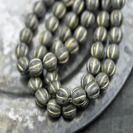 Gold Washed Etched Sapphire Picasso Round Melon Beads -- Choose Your Size {1}