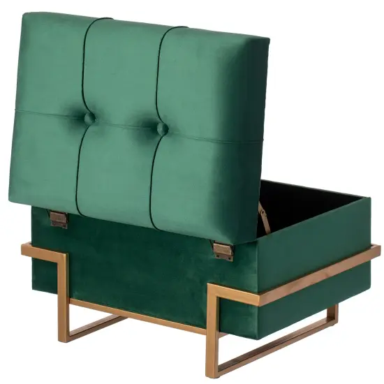 Rectangle Velvet Storage Ottoman Stool Box with Abstract Golden Legs | Decorative Sitting Bench for Living Room Home Decor with Unique Base Support Green Small {6}