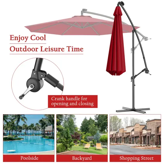 Costway 10' Hanging Solar LED Umbrella Patio Sun Shade Offset Market W/Base Burgundy {4}