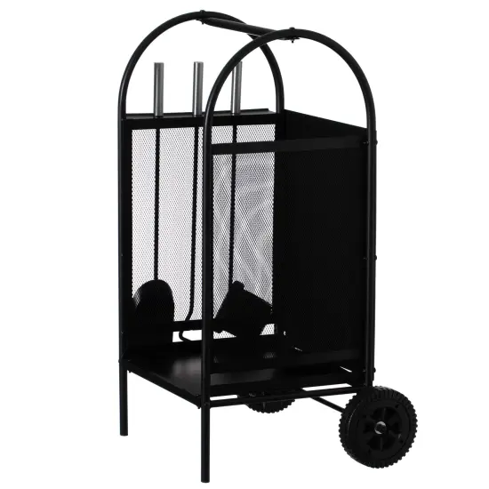 Indoor and Outdoor Patio Iron Firewood Log Cart with Wheels and Fireplace Tool Set, Black {5}