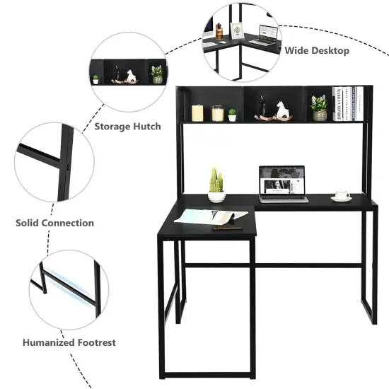 Costway 55'' L-Shaped Desk Corner Computer Desk w/Hutch Black {6}
