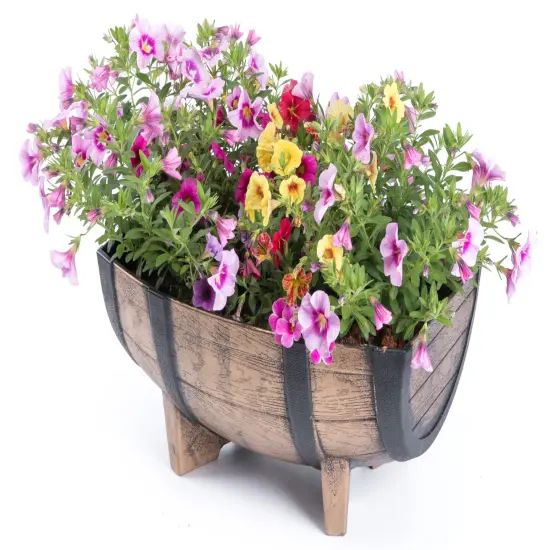 Rustic Wood- Look Plastic Half Barrel Flower Pot Garden Planter, Pack of 2 {2}