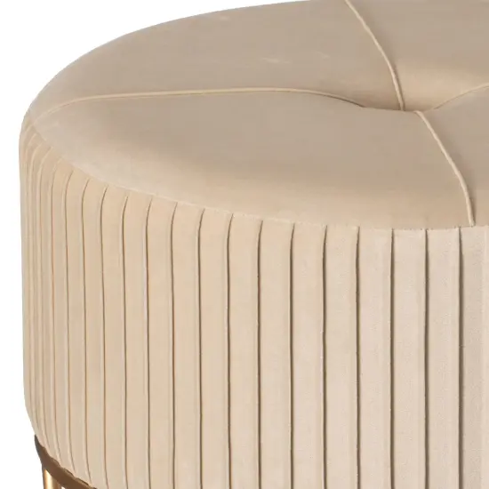Round Velvet Ottoman Stool Raised with Hairpin Gold Base Cream Medium {5}