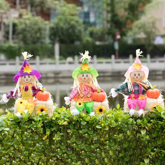 Gardenised 18 Inch Sitting on Straw and Hay Bales Multicolor Trio Scarecrows for Halloween, Fall and All Time Season Garden Decor, Perfect to Add a Festive Touch to Your Lawn {2}