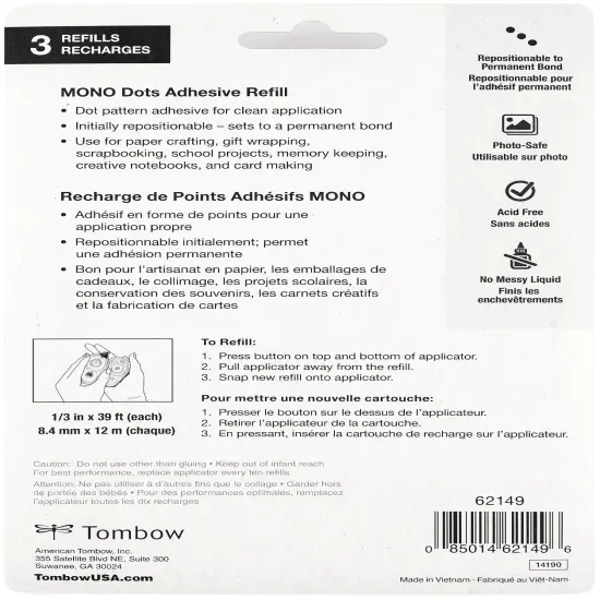Mono Adhesive Dots Refill Permanent Value Pack 3/Pkg-.33"X39' Each, For Use In 62147 {4}