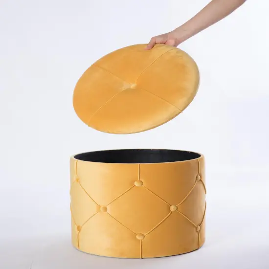 Round Tufted Velvet Wood Storage Ottoman Stool with Lid Yellow {12}